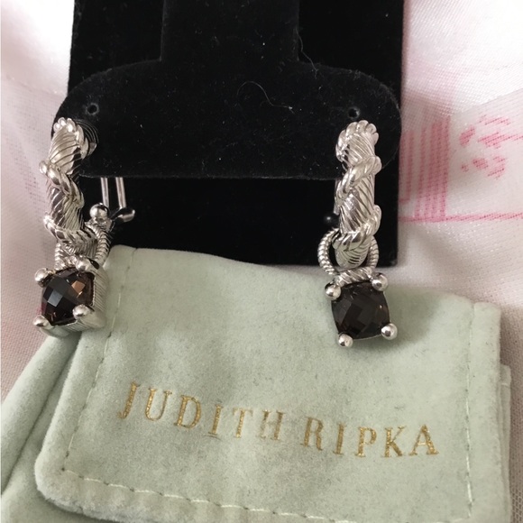 Vintage Judith Ripka Hoop Earrings With Natural Cushion Cut Smoky Quartz Charms - Picture 6 of 15